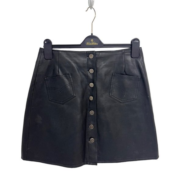 Amilano Collection Women's Black Faux Leather Button Up A-Line Skirt Size 11/12 - Picture 1 of 9